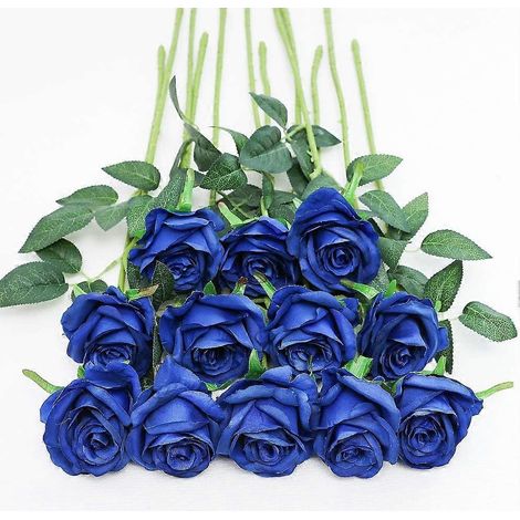 12 roses artificielles, tige unique de 50 cm, roses en soie, bouquet de mariée, fleurs réalistes (roses épanouies, bleues) (1/5)