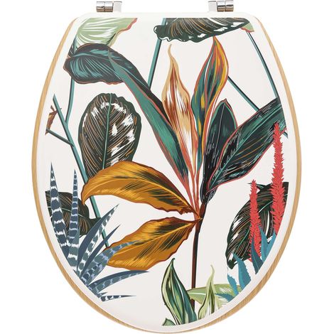 5Five Simply Smart – Abattant WC en bois MDF multicolore – Charnières en zinc – Fixations réglables – Design feuillage tropical – Longueur ajustable 43,5-47 cm