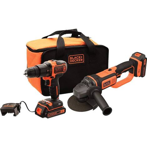 Black & Decker – Kit combiné 2 outils électroportatifs 18V – Perceuse-visseuse à percussion et meuleuse d'angle – 2 batteries 2.0Ah et chargeur inclus - BCK24D2S-QW