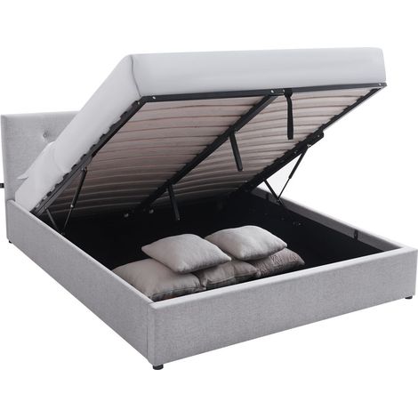 Lit coffre adulte 140x190 cm avec tête de lit matelassée en tissu gris et sommier - Tina (1/5)