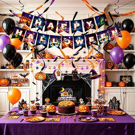 Halloween-Party-Dekorationsset, Happy Halloween-Banner, hängende Spiraldekoration, Cupcake-Dekorationseinsatz, 12 Cupcake-Dekorationseinsätze, geeignet für Halloween-Partys als Dekoration für den Inne (1/5)