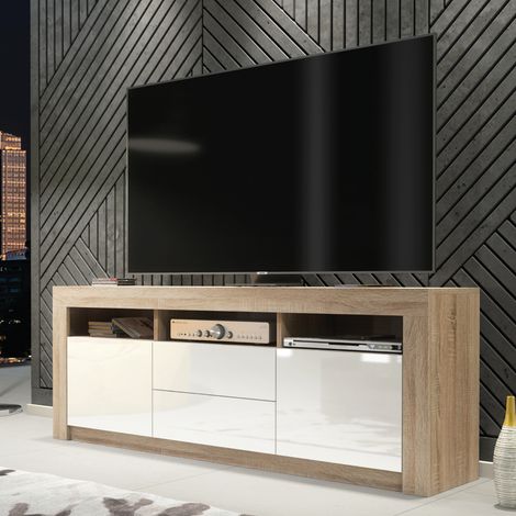 Shine TV Unit 160cm - Oak with White Gloss Doors (1/5)