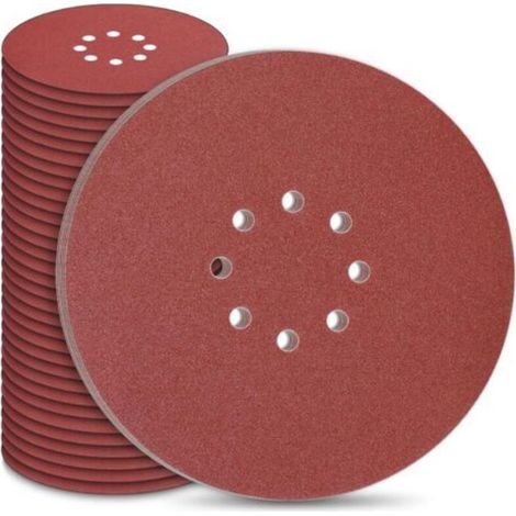 Disque abrasif 225 mm pour meuleuse d’angle et ponceuse à plâtre – 50 pièces (10 × P40, P60, P80, P120, P240), auto-adhésif, 8 trous (1/5)