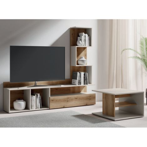 Ensemble meuble tv mural moderne beige et bois 180cm MILA (1/3)