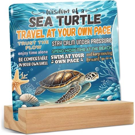 Cadeaux inspirants à la tortue de mer, panneau transparent en acrylique avec support en bois, cadeaux pour bureau, panneaux de décoration pour étagère de table, accessoires de bureau (1/5)