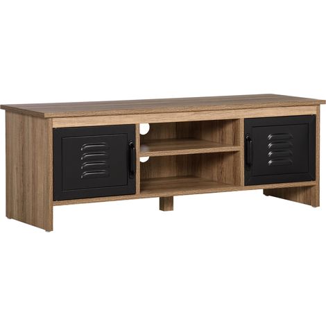 Meuble TV/banc de style industriel de 110 cm, avec 2 placards, 2 niches, 2 passe-câbles, effet bois, portes en métal noir.