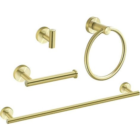 Ensemble de 4 accessoires de salle de bain, barre porte-serviettes réglable, anneau porte-serviettes, porte-papier toilette et crochet, fixation murale en acier inoxydable SUS304 doré brossé (1/5)