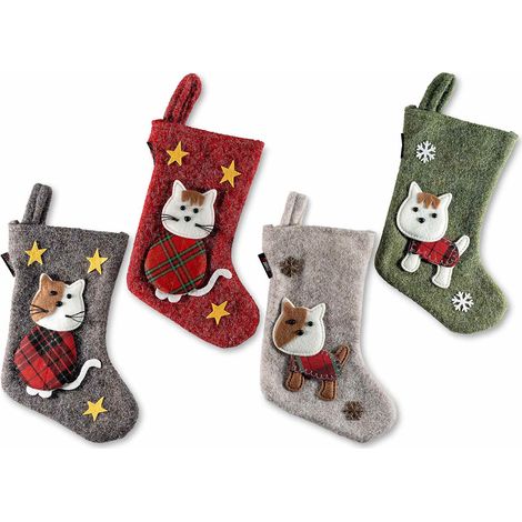 Calze Befana in panno con decorazione cane e gatto in rilievo da appendere, set da 4 pezzi, cm 16 x 23,5 H