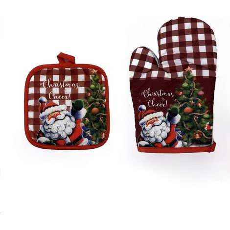 Weihnachtliches Ofenhandschuh-Set, rot-weiß kariert, mit Weihnachtsmann-Motiv (weihnachtsgrün).