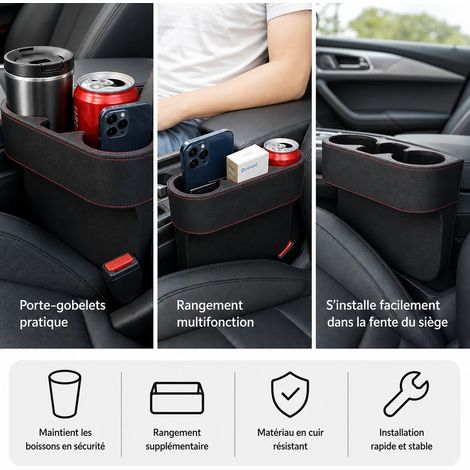 Porte-Gobelet Voiture Interstice Siege Noir Cuir 26,5 x 11 x 20 cm avec Rangeoir (1/4)
