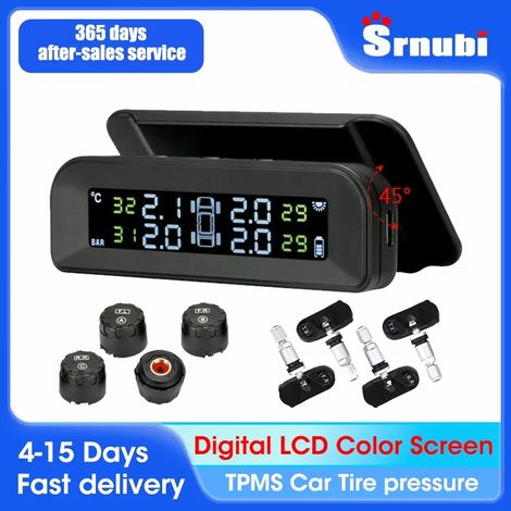 (Externe - Avec horloge) Voiture intelligente, alimentation solaire, écran LCD numérique, système de surveillance sans fil pour 4 pneus, alarme de sécurité automobile, capteurs de pression des pneus. (1/5)