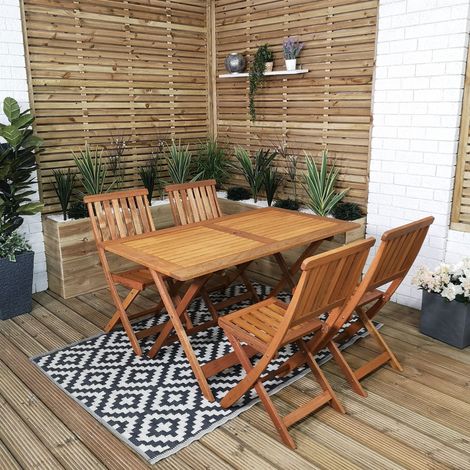 Outdoor 4 Person Folding Rectangular Wooden Garden Patio Dining Table Chairs Set (1/5)