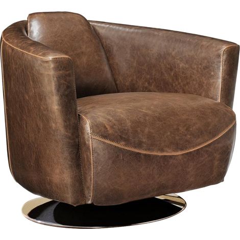 Vente-Unique – Fauteuil club cuir vieilli marron chocolat – Pied rotatif métal – Confort d'assise équilibré – 1 place – Garnissage haute résilience