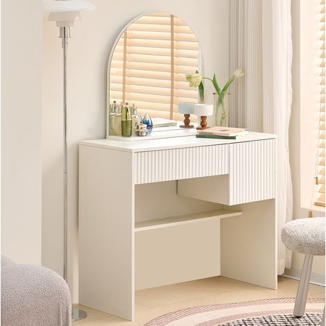 Toeletta con specchio, 2 cassetti e ripiano aperto, 90 x 40 cm, bianca, MDF (1/5)