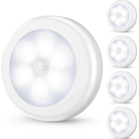Lot de 4 veilleuses LED avec détecteur de mouvement – lampes magnétiques adhésives sans fil, à piles, pour placards et escaliers – lumière blanche froide (1/5)