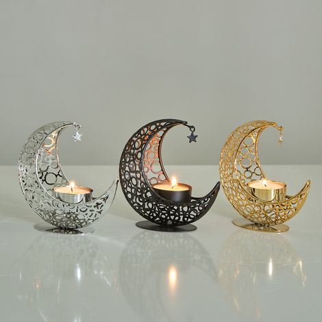 3pc Porte-bougies en métal en forme de lune, couleur or et noir, style créatif luxueux, chandelier en fer, décoration de table pour fêtes, maison et bureau, cadeau de la Saint-Valentin (1/4)