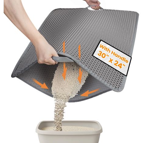 Tapis de litière pour chat Gris 76x61, double couche nid d'abeille, poignées latérales, capture la litière, antidérapant imperméable, EVA durable (1/5)