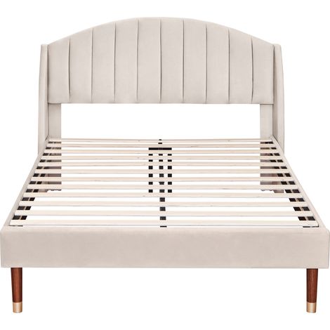 Letto imbottito 140 x 200 con rete a doghe e testiera in velluto beige (1/5)