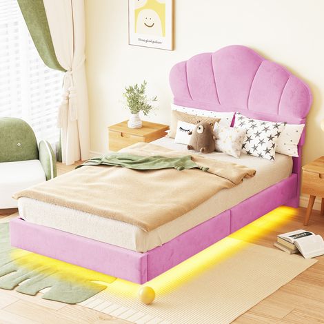 Lit capitonné moderne 90x200 cm en velours rose avec tête de lit nuage, LED et sommier à lattes (1/5)