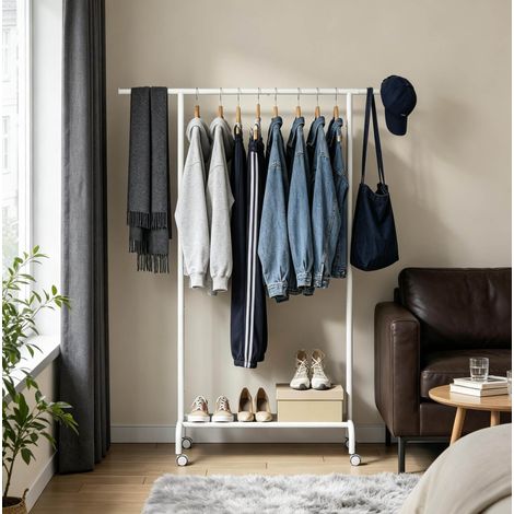 Portant à vêtements 84-124x40x156 cm blanc en métal avec étagère en tissu Oxford et roulettes (1/5)
