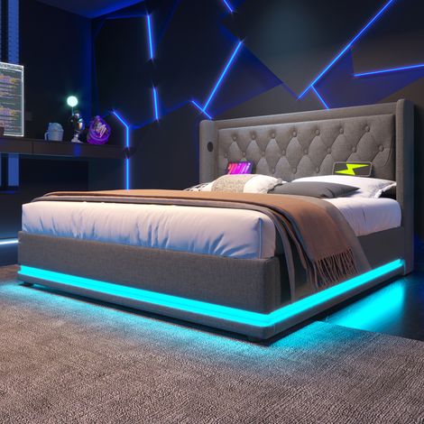 Lit Double Capitonné 180x200 cm Lit Coffre Hydraulique avec Rangement, Éclairage LED, Tête de Lit Rembourrée Port USB - Coton - Gris (1/5)