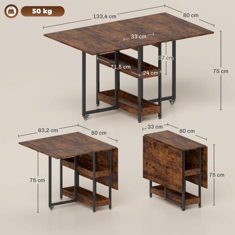 Table pliante 133,4x80x75cm, 2 étagères intégrées, pour 2 à 4 personnes, gain de place, brun, plateau pratique et rangement supplémentaire (1/5)