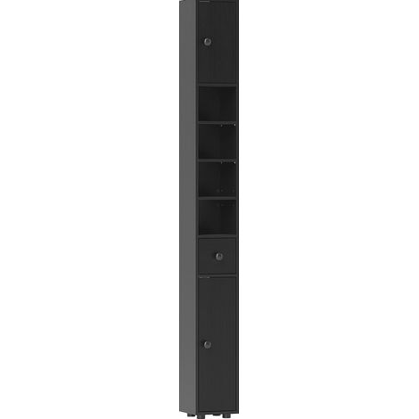 Schmaler hoher Badezimmerschrank in Schwarz, 180 cm, mit offenen Fächern, 2 Türen und Schublade (1/4)
