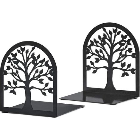 Support-livres décoratif en métal, arbre de vie, noir, robuste et lourd, pour étagère, bureau à domicile, lot de 2, design moderne, maintien stable des livres (1/5)