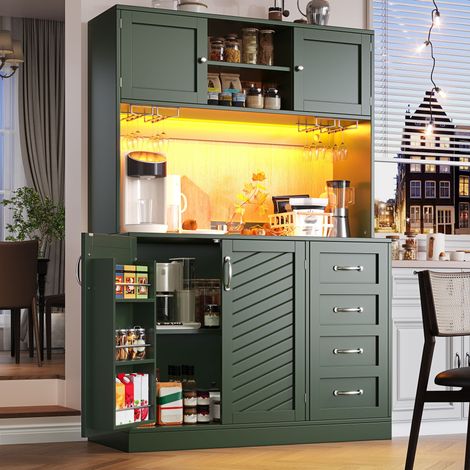 Buffet de cuisine LED 120x40x188 cm, meuble de rangement avec 4 portes, 2 grands tiroirs, porte-verres, MDF, vert (1/5)