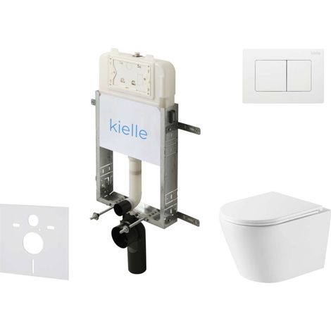 kielle Genesis New - Set bâti support, WC Nefia, Vortex Rimless+, siège softclose et bouton-poussoir Gemini New III, blanc brillant 30528SZ52