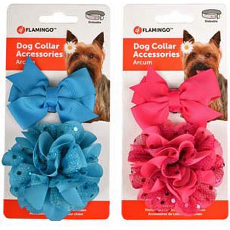 Accessoire pour collier 1 noeud et 1 fleur bleu ou rose pour chien - Flamingo (1/4)