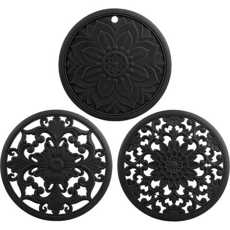 Tapis de cuisine ronds en silicone résistant à la chaleur, lot de 3, noirs (1/4)