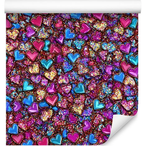Papel pintado de corazones con purpurina neón en tonos morado, violeta y rojo, 50x1000 cm. (1/5)