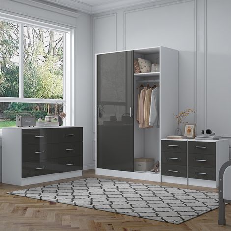 Reflect 2 Door Sliding Wardrobe, 6 Drawer Wide Chest, 2x3 Drawer Bedsides - Grey Gloss & Matt White - Modern Bedroom Furniture Set (1/5)