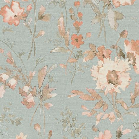 Papel pintado floral Profhome 790616 papel pintado vinílico estampado en caliente tejido non tejido ligeramente texturado con ornamentos florales y efecto metálico azul rojo-salmón beige perlado gris