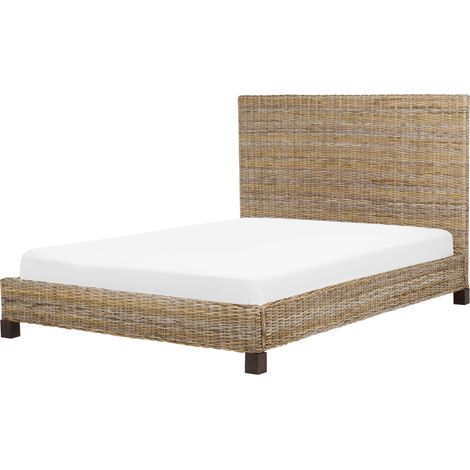 Cama con somier de ratán natural madera oscura 140 x 200 cm caoba panel Salbris