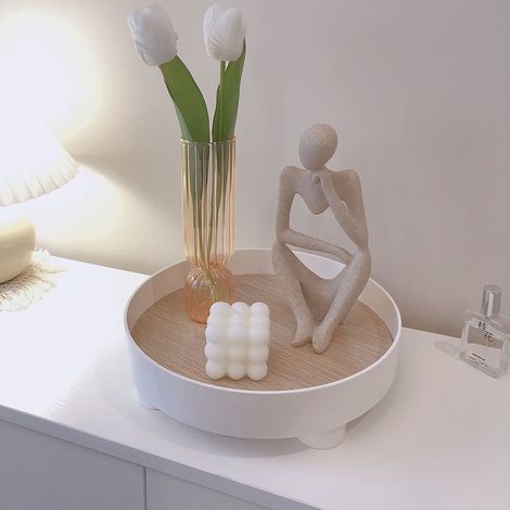 Plateau rond en plastique blanc élégant, rangement pour cosmétiques, bibelots, décoration parfumée, style ins, taille grande, bois, maison. (1/4)