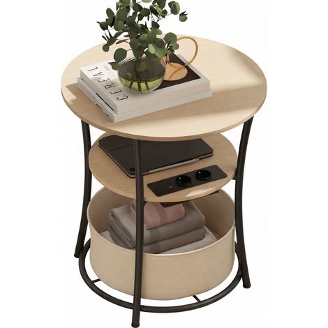 ELVMI Runder Beistelltisch mit 3 Ebenen, Steckdosenleiste mit USB und USB-C, Stofftasche, für Wohnzimmer, Holz und Metall, Ø50 x 55.1 cm (1/5)