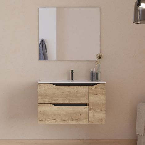 Meuble de salle de bain 80cm avec vasque centrée - 2 tiroirs et un placard - madera miel (bois clair) - ZARZA (1/5)