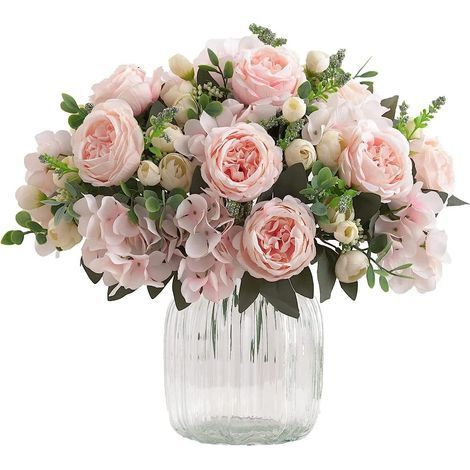 Bouquet artificiel de 4 fleurs d'hortensia et pivoines blanches – Tiges métalliques flexibles – Décoration élégante pour salon et maison (1/5)