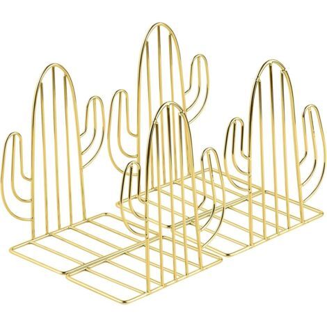 QORVA-Serre-livres en métal, 2 paires de serre-livres cactus pour enfants, idéal pour le bureau, la décoration, les étagères, l'école et la librairie (doré)