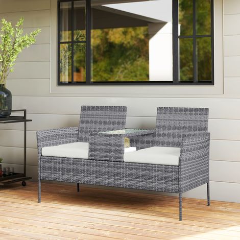2-Sitzer-Gartenbank aus Rattan – Mit Tisch und Kissen – 135 x 64 x 81 cm – Für Balkon und Terrasse – Schwarz