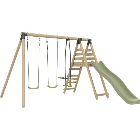 Tp Toys – Aire de jeux en bois FSC® 2 balançoires vis-à-vis – Toboggan 220 cm – Hauteur 224 cm – Kit d'ancrage inclus