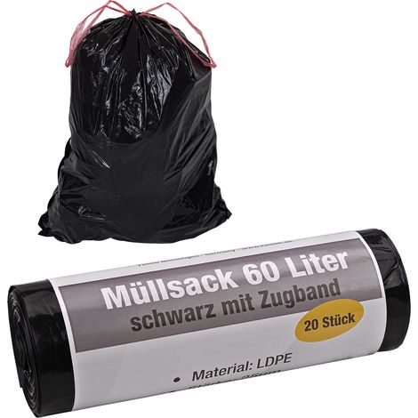 KesTek Müllsäcke Abfallsäcke Müllbeutel Zugbandbeutel 60L 20 Stück LDPE 25µm Schwarz (1/4)