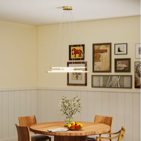Lámpara colgante LED, Ø82 x 124 cm, 5 tubos de luz ajustables, diseño artístico, metal, dorado y blanco (1/5)