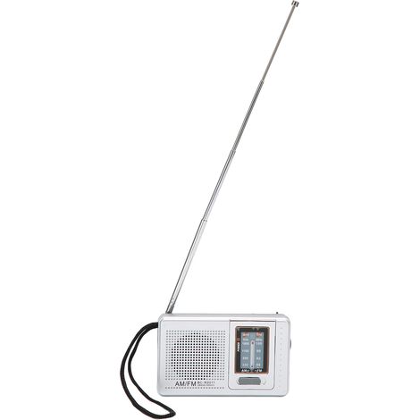 Radio de poche portable AM/FM, design classique et élégant, gris argenté, fonctionne sur piles, idéale pour la maison, la randonnée, le vélo et les voyages. (1/5)