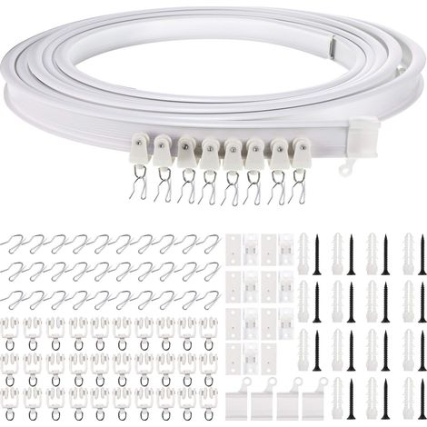 5 Meter biegbare, gebogene Vorhangschiene für die Decke, flexible Vorhanghalterung für die Decke, gebogene Vorhangschiene für Fenster mit Vorhangschienensystem (weiß, silberner Haken)
