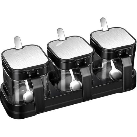 Juego de 3 recipientes para condimentos, caja de vidrio para condimentos con tapa, cuchara y bandeja para sal, azúcar, especias, pimienta, ahorra espacio. (1/5)