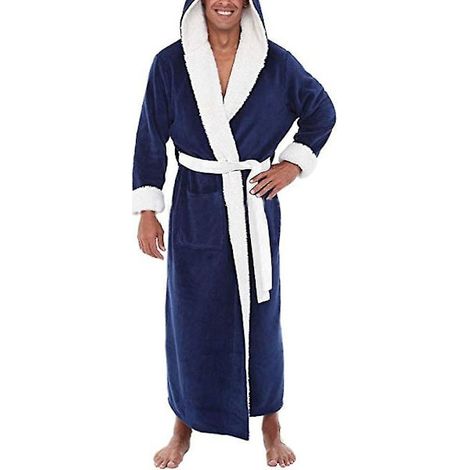 Accappatoio lungo con cappuccio da uomo, morbido accappatoio da notte, blu scuro, taglia L, blu scuro (1/2)