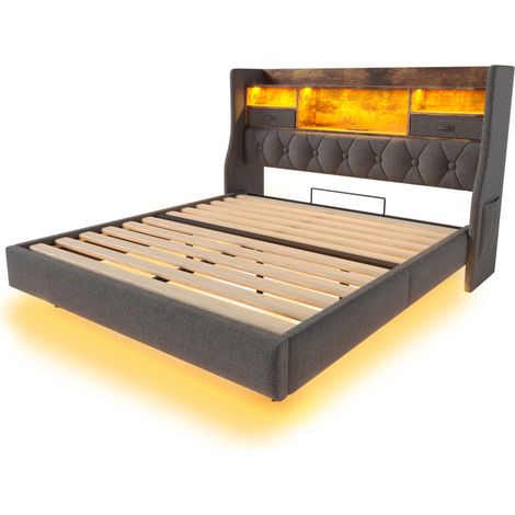 Letto matrimoniale 140x190 cm con LED, testiera contenitore e porte USB Type-C, grigio (1/5)